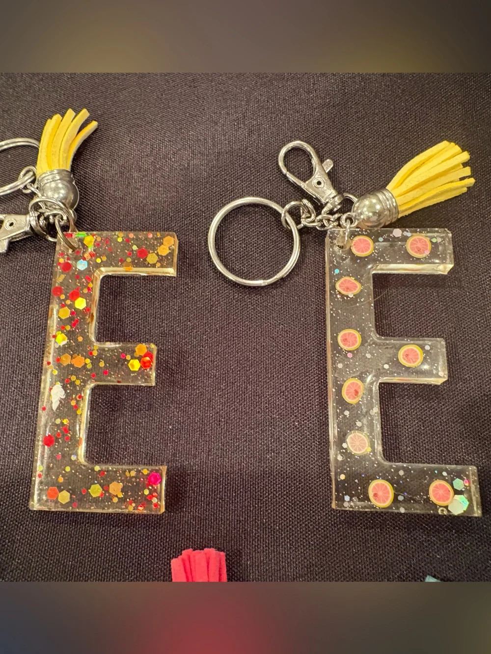 Glitter Resin 'E' Keychains with Tassels - Assorted Colors